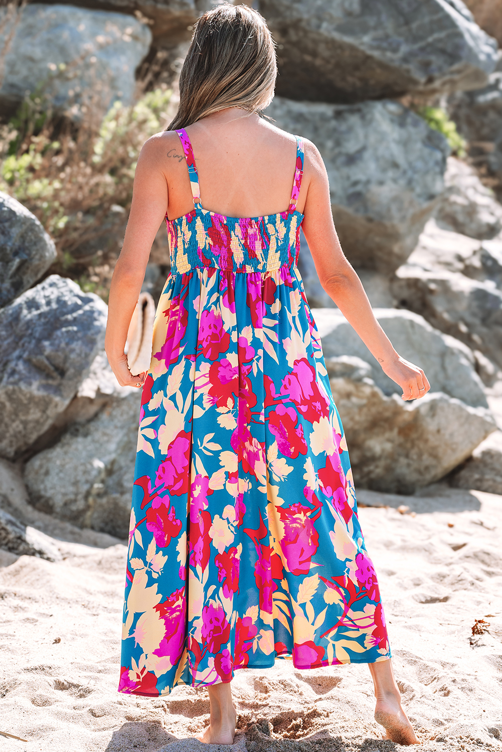 Dark Blue Floral High Waist Sleeveless Flared Long Dress - Image 2