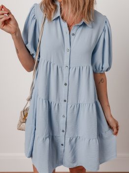 Beau Blue Shirt Collar Button Up Short Puff Sleeve Tiered Shift Dress