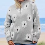 Gray Plus Size Embroidered Floral Pattern Half Zip Sweater