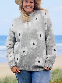 Gray Plus Size Embroidered Floral Pattern Half Zip Sweater