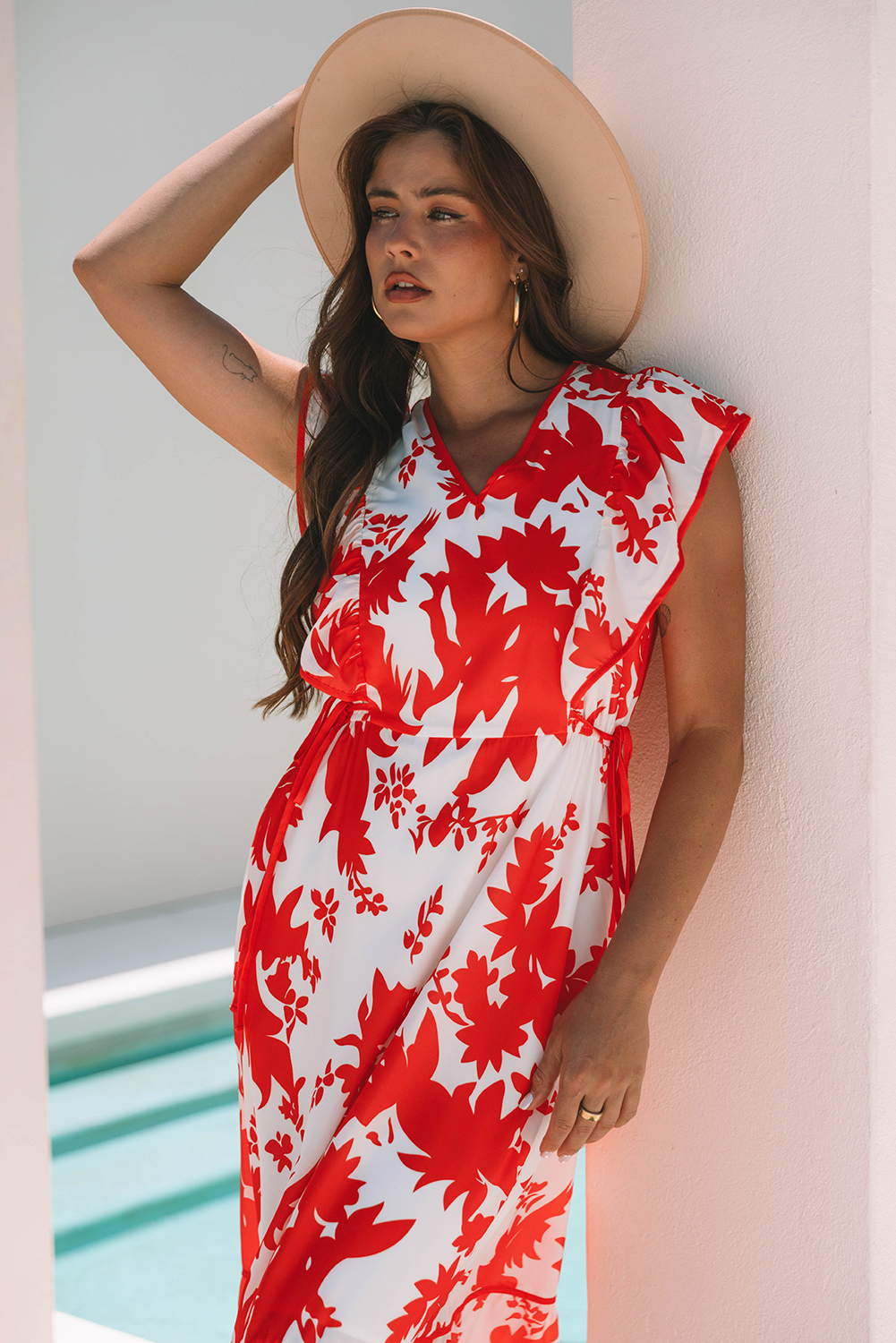 Red Floral Print Trimmed V Neck Ruffle Sleeve Long Dress - Image 6
