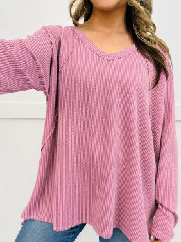 Pink Twisted Rib Texture Exposed Seam Patchwork Loose Long Sleeve Top