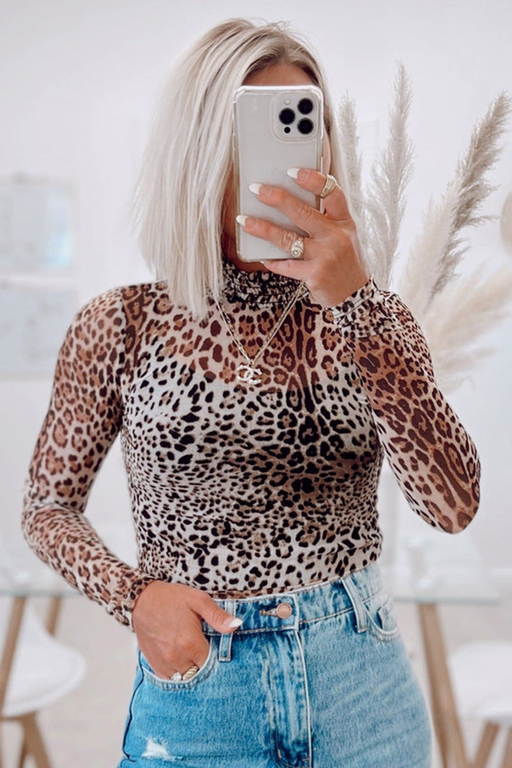 Brown Leopard Smocked Neck Mesh Long Sleeve Bodysuit - Image 3