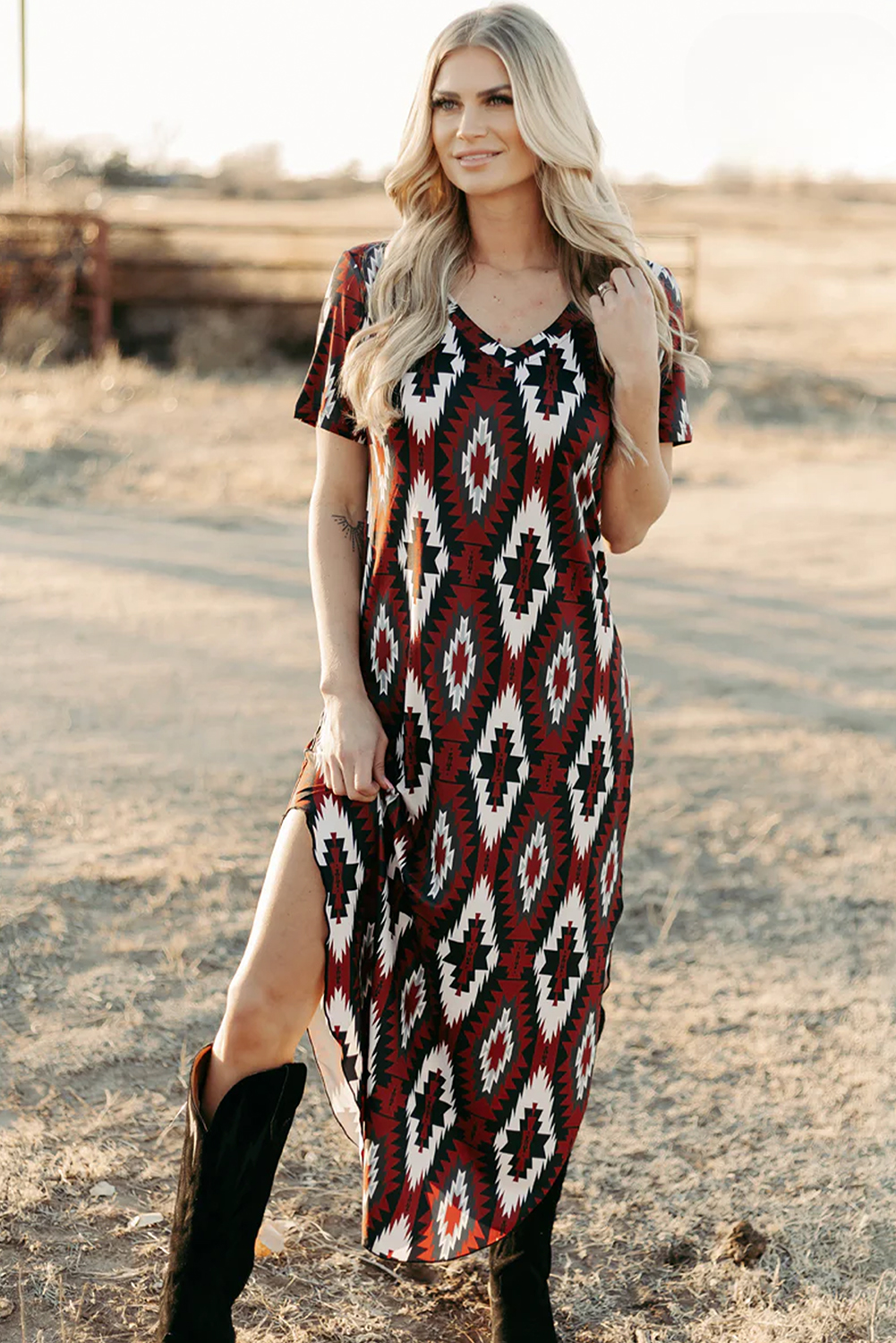 Red Western Aztec Printed Long T-shirt Dress - Image 6