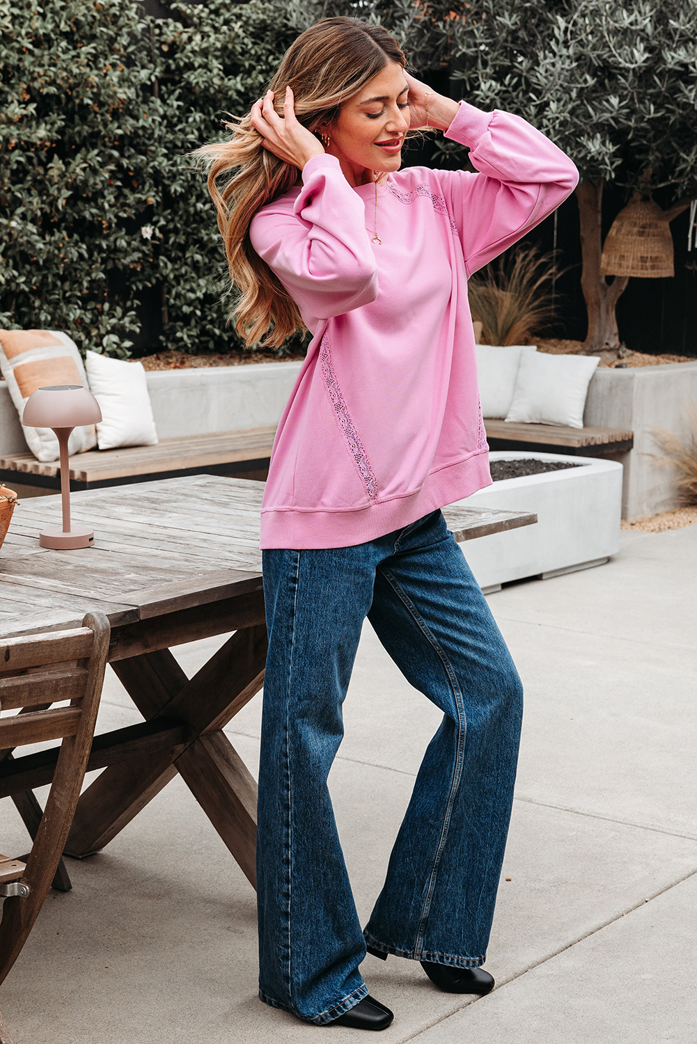 Bright Pink Lace Patched Raglan Sleeve Loose Fit Sweatshirt - Image 3
