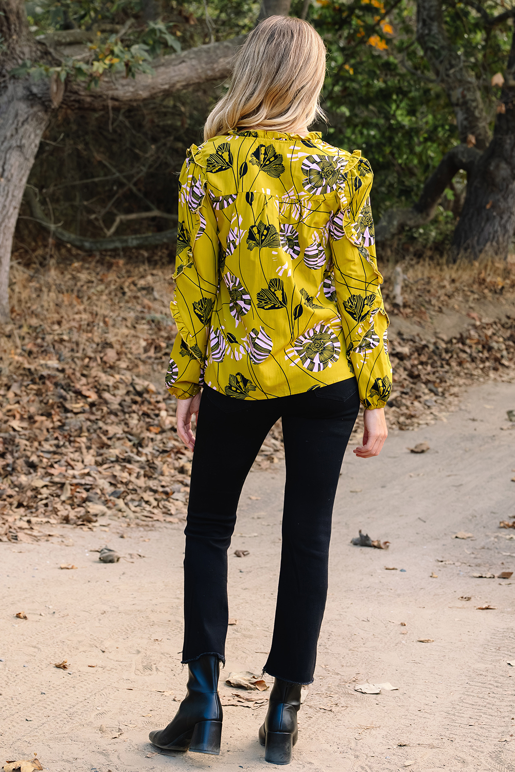 Yellow Vintage Floral V Neck Ruffle Trim Long Sleeve Blouse - Image 2