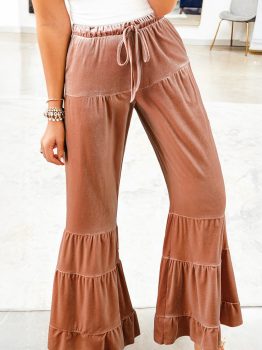 Straw Yellow Mineral Wash Lace-up High Waist Tiered Bell Bottom Pants