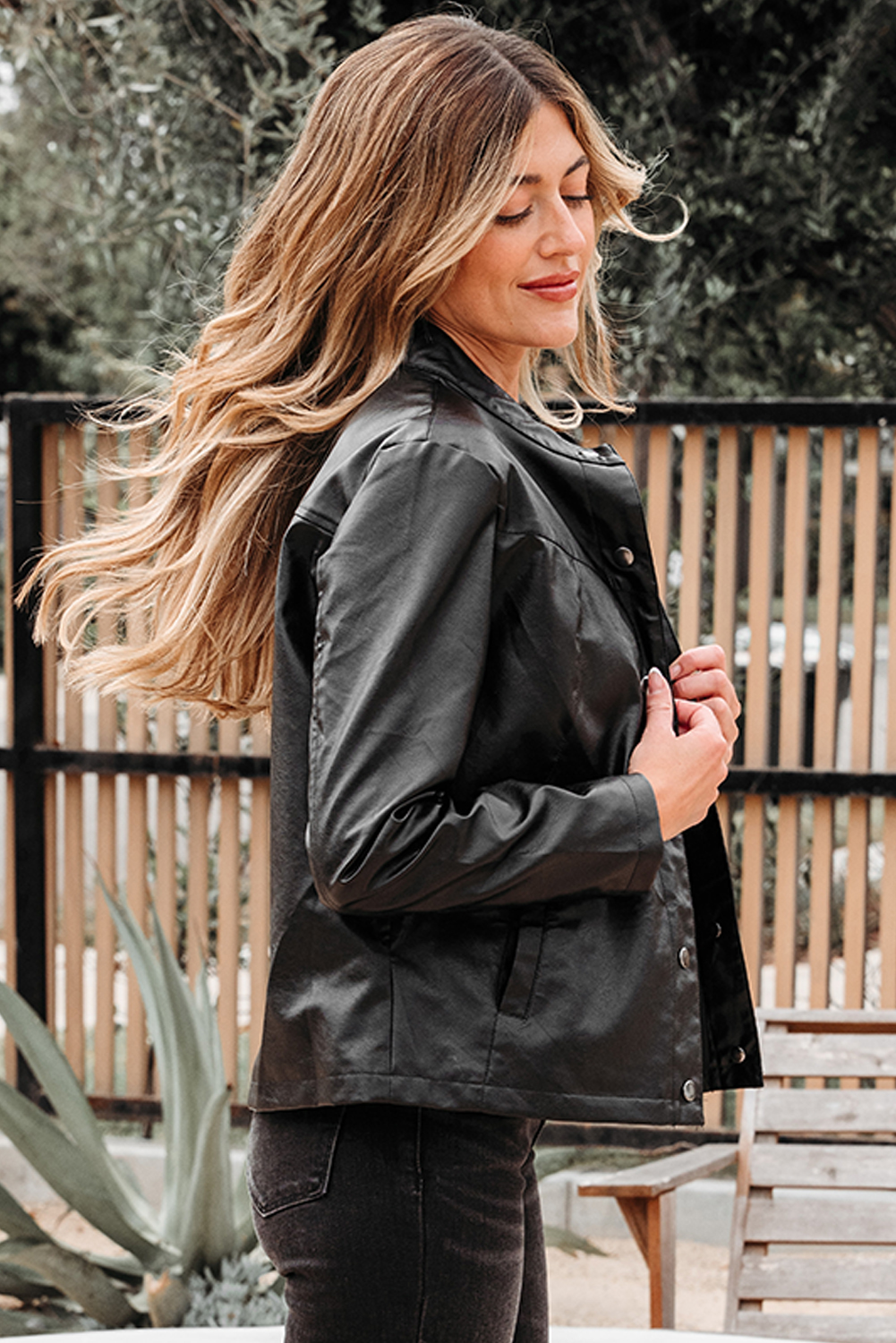 Black Faux Leather Buttoned Front Boxy Jacket - Image 3