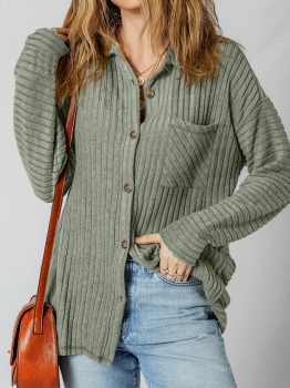 Mist Green Thermal Ribbed Texture Drop Shoulder Button Up Shacket