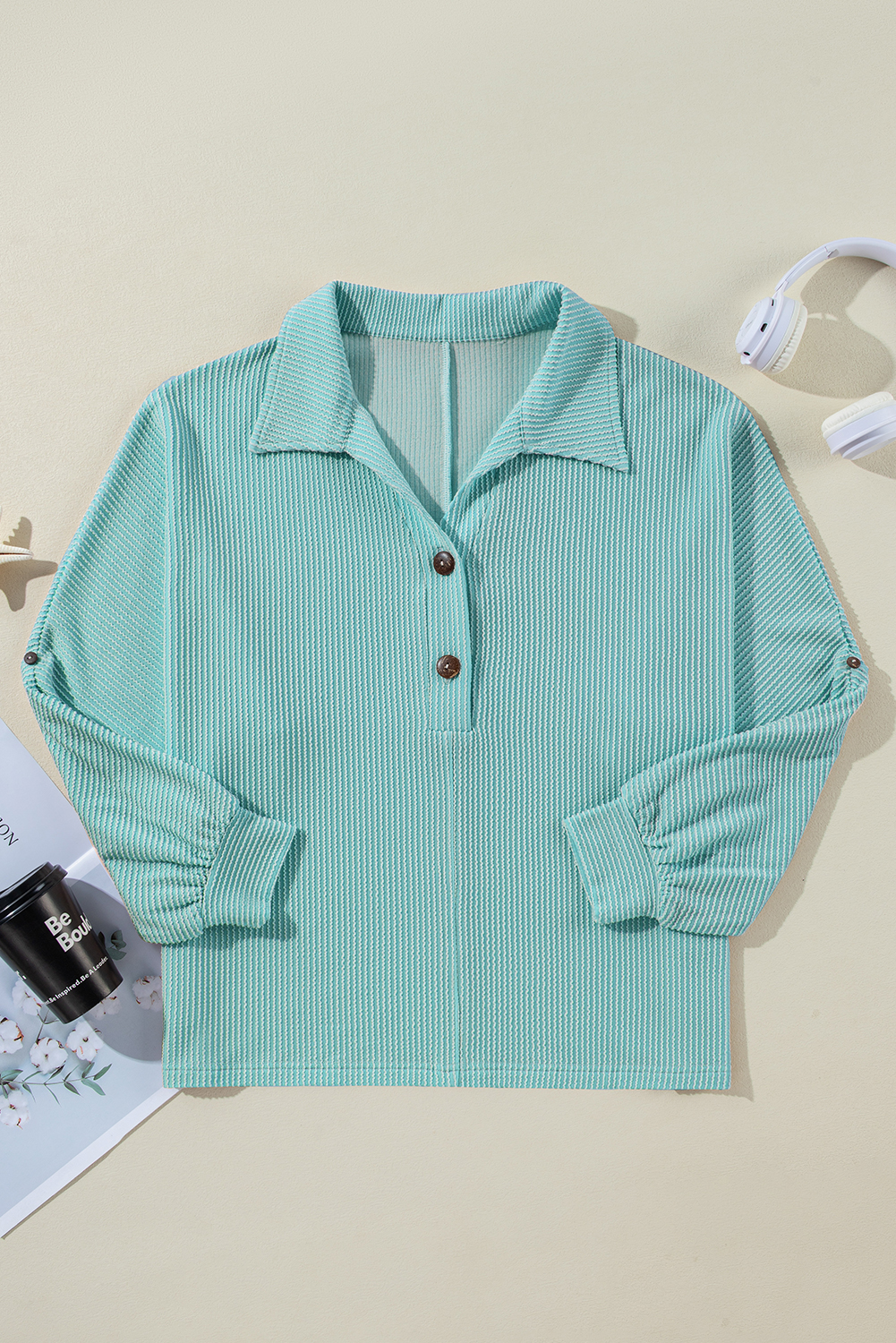 Light Blue Oversized Twist Ribbed Collared Henley Top with Roll up Sleeve - Image 7