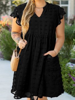 Black Dotty Textured Notched Neck Plus Ruffled Dress