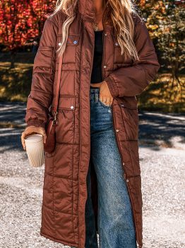 Coffee Quilted Puffer Stand Neck Zipped Mid-length Coat