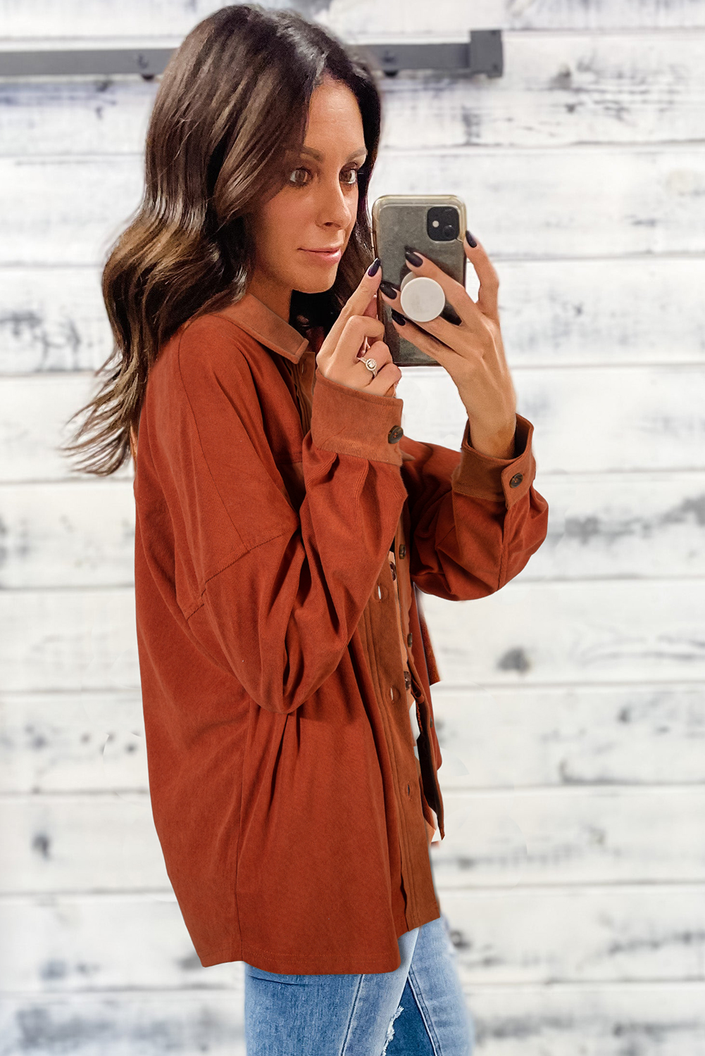 Gold Flame Velvet Flap Pockets Drop Shoulder Casual Shacket - Image 2