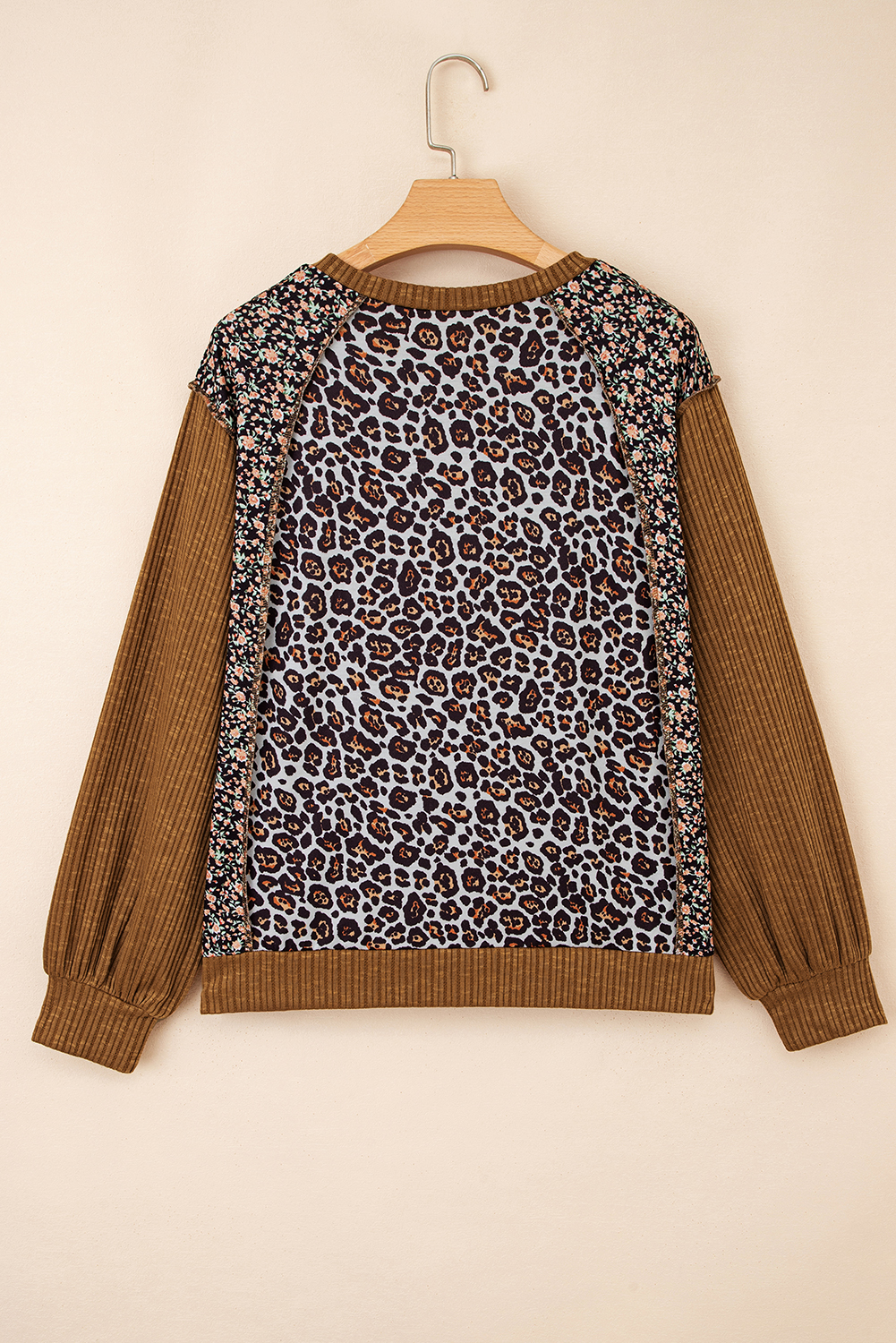 Brown Leopard Floral Print Ribbed Puff Sleeve Patchwork Loose Pullover - Image 6