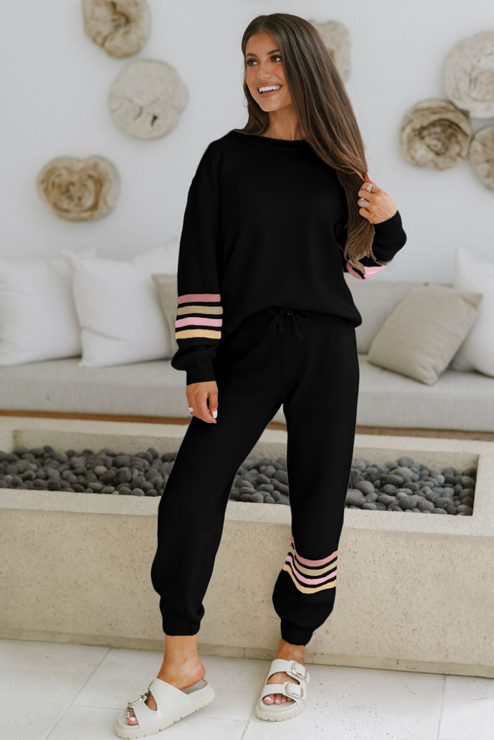 Black Striped Drop Shoulder Round Neck Pullover and Jogger Pants Active Outfit - Image 3