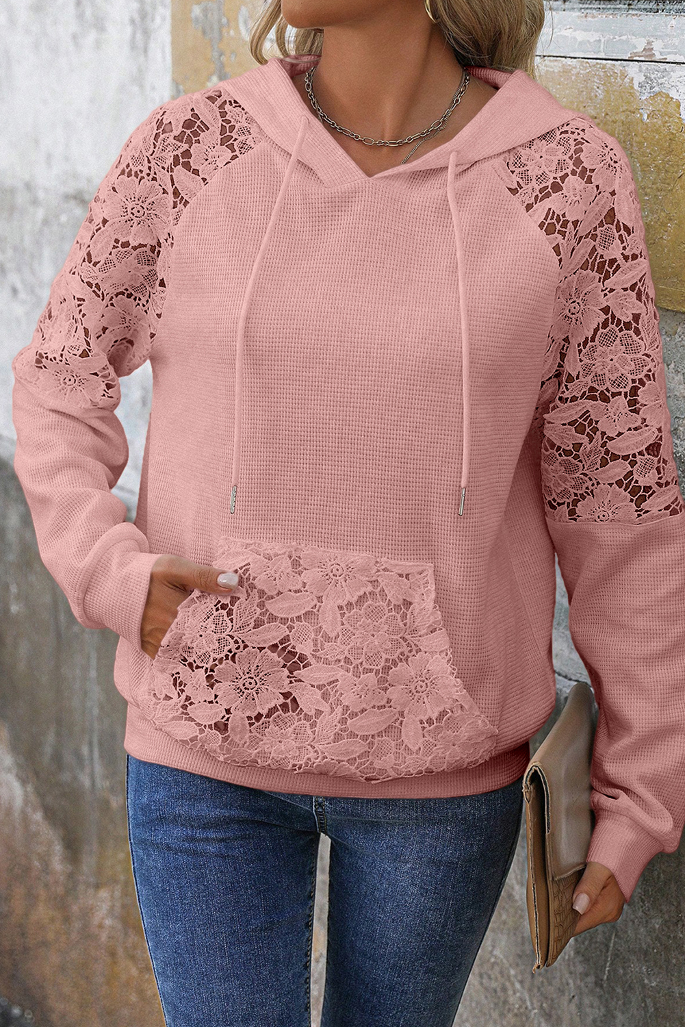 Gossamer Pink Lace Patchwork Raglan Sleeve Kangaroo Pocket Waffle Hoodie - Image 6