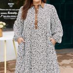 Khaki Plus Size Button V Neck Leopard Print Puff Sleeve Loose Mini Dress