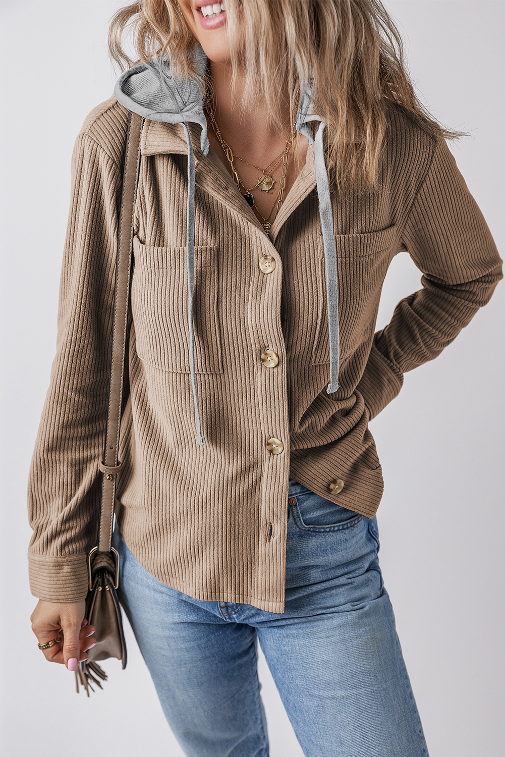 Pale Khaki Hooded Drawstring Pockets Corduroy Shacket - Image 3