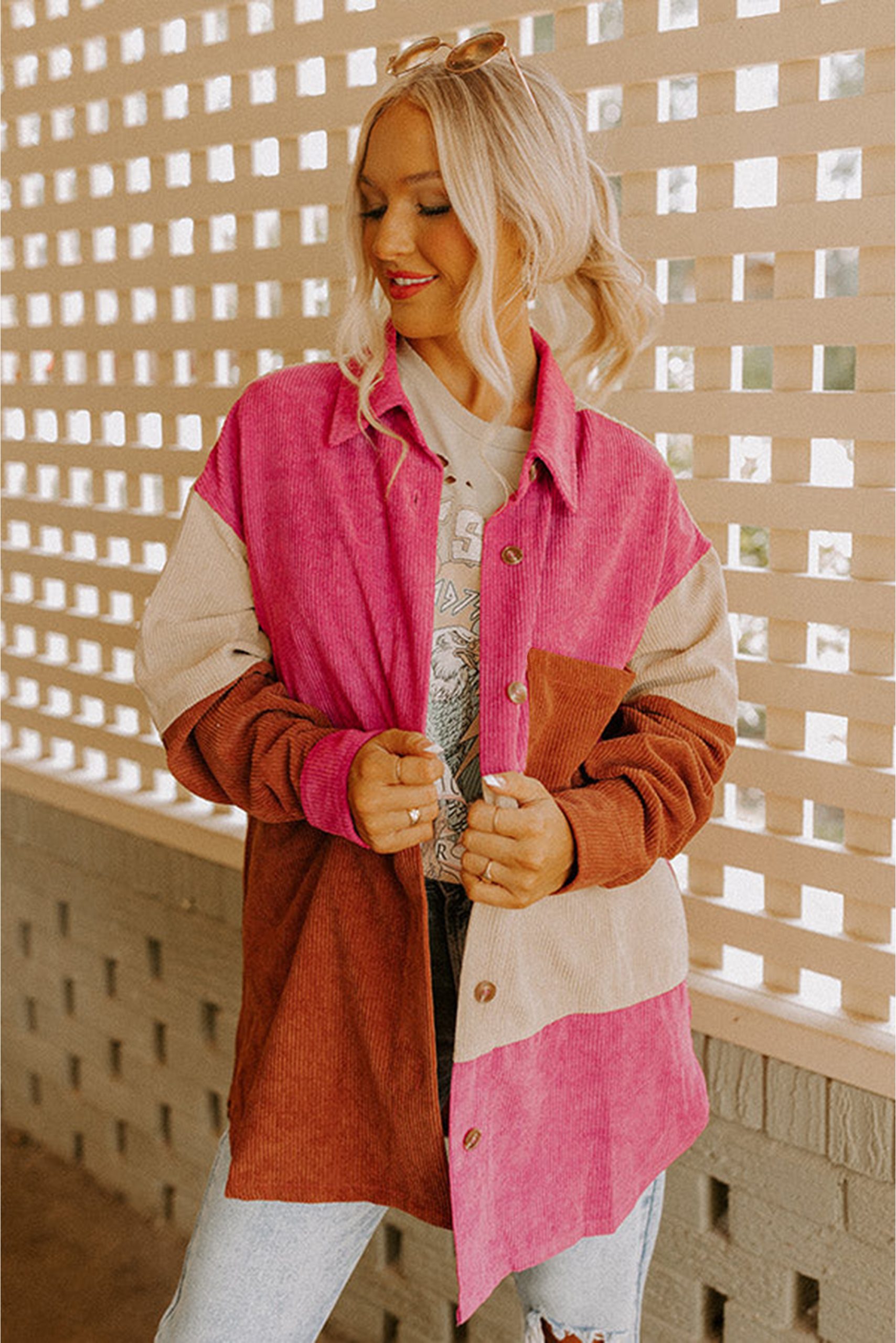 Rose Red Colorblock Curved Hem Corduroy Shacket with Pocket - Image 4