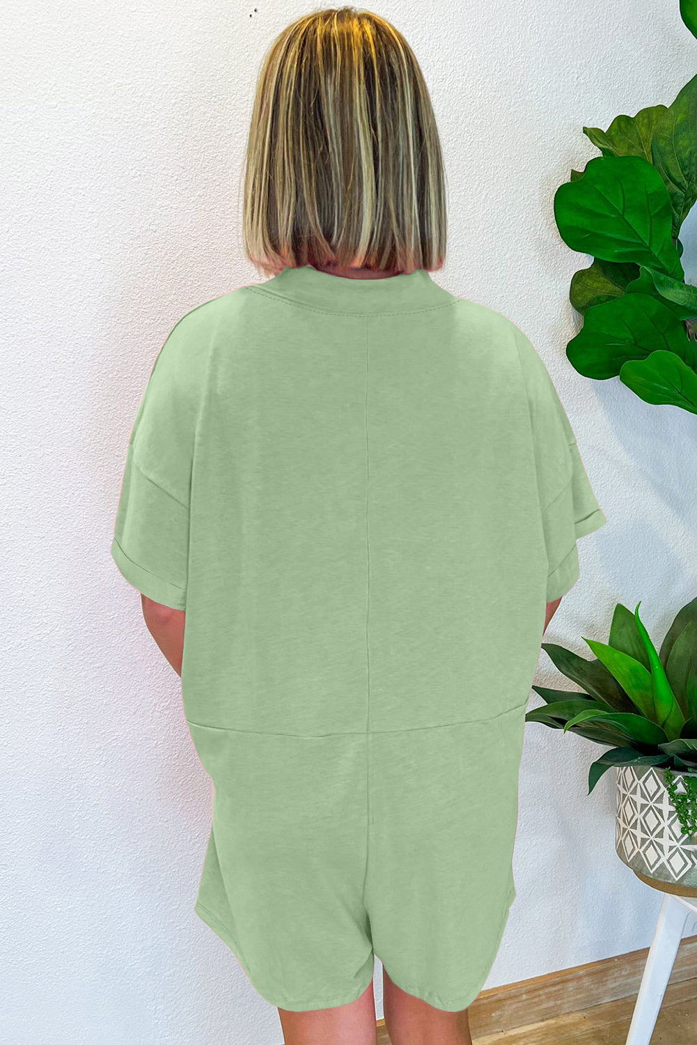 Grass Green Loose Half Sleeve V Neck Knit Romper - Image 7