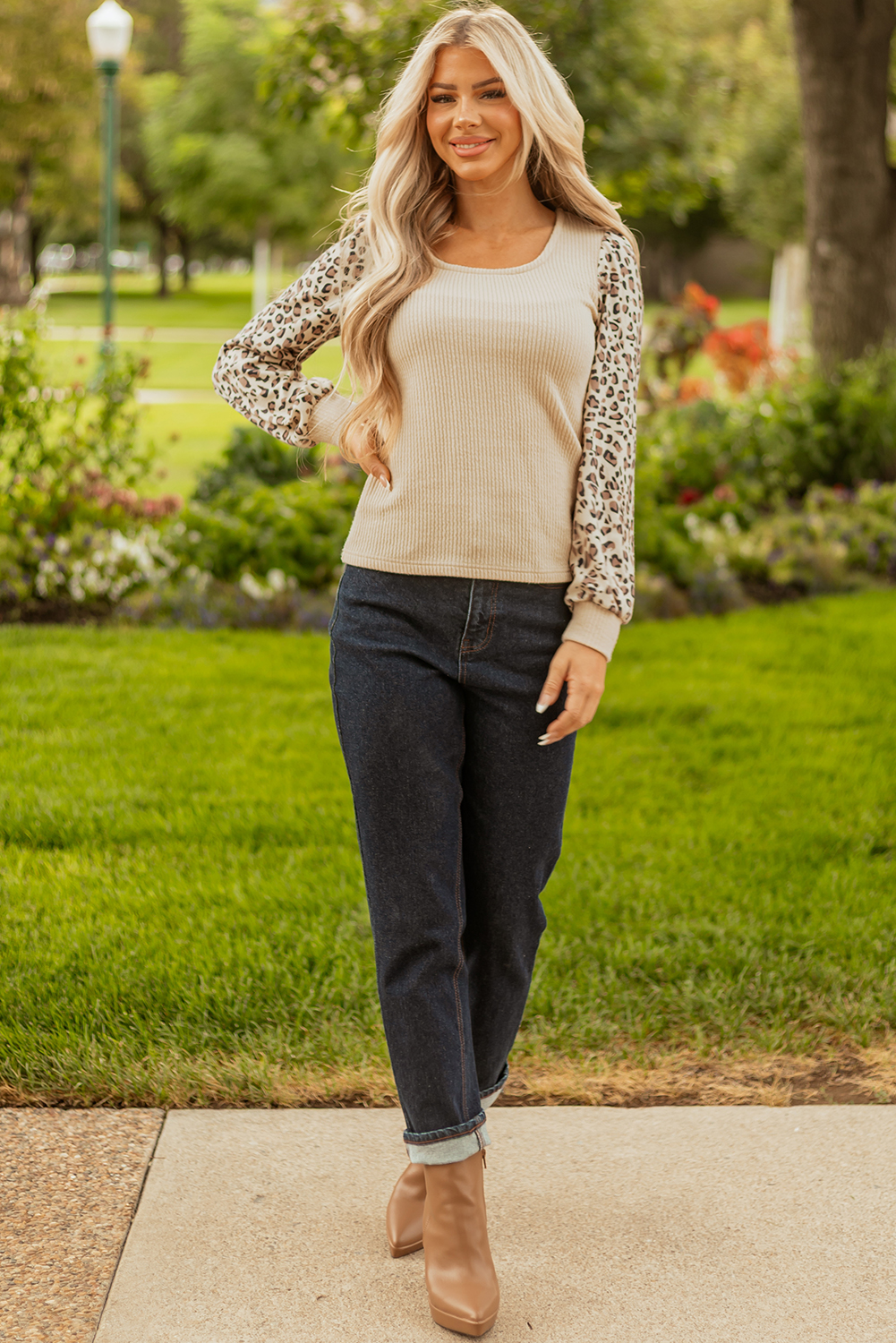 Apricot Leopard Sleeve Patchwork Ribbed Knit U Neck Top - Image 6