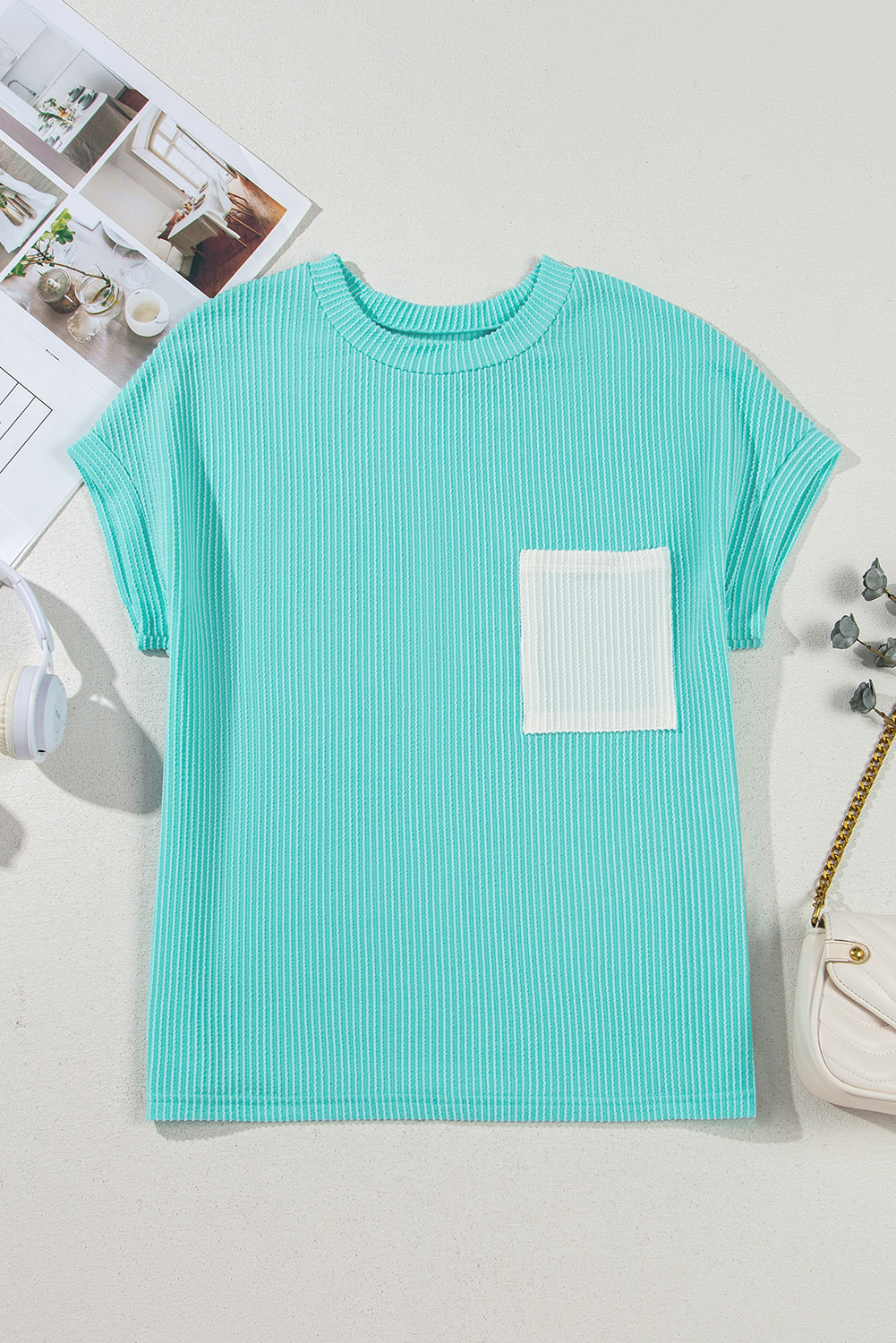Light Blue Corded Knit Color Block Pocketed Crew Neck T Shirt - Image 7