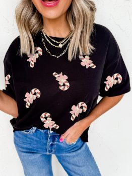 Black Sequined Candy Cane Patched Pattern Holiday T Shirt