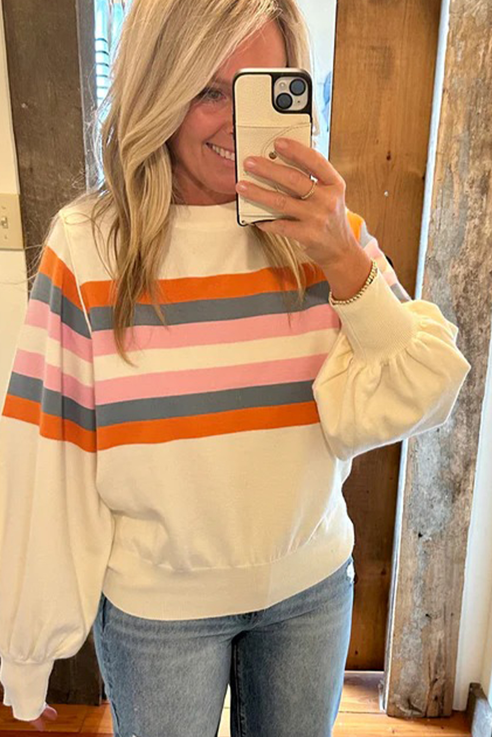 Beige Stripe Puff Sleeve Casual Pullover Sweatshirt - Image 2