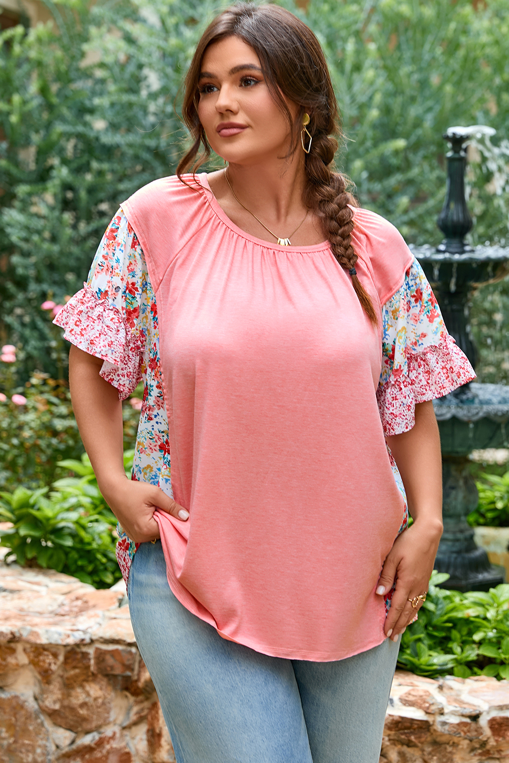 Pink Plus Size Floral Patchwork Ruffled Short Sleeve Blouse - Image 4