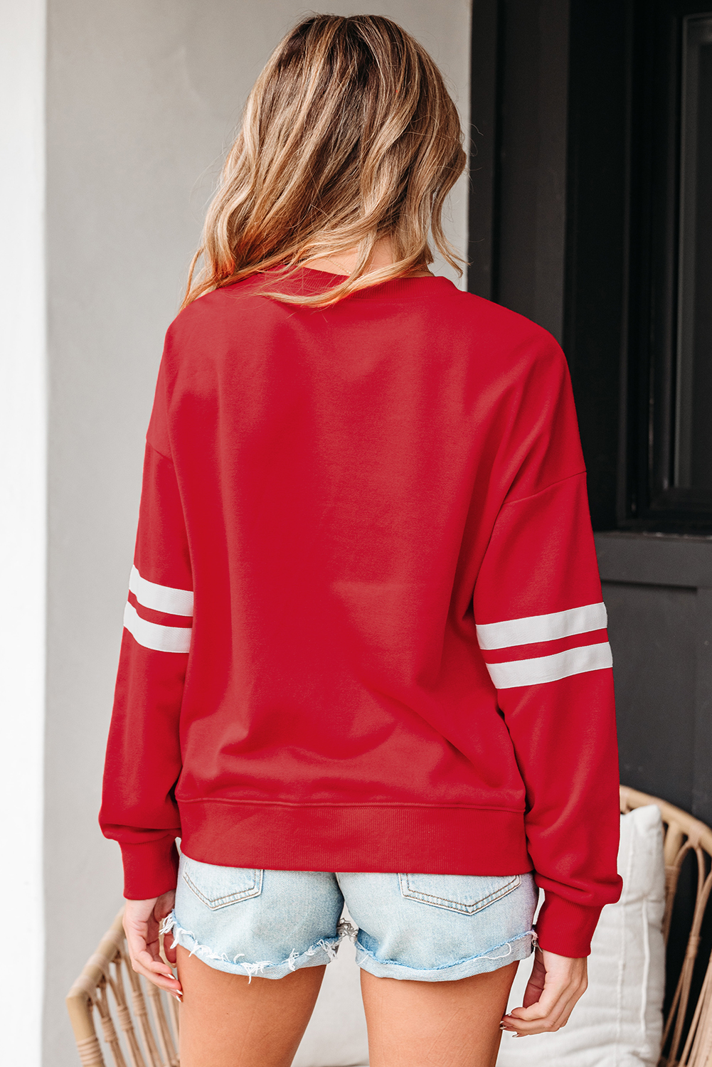 Fiery Red Varsity Striped Detail Drop Shoulder Oversized Sweatshirt - Image 2