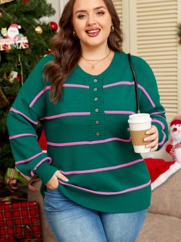 Green Stripe Half Buttons Drop Shoulder Plus Size Sweater