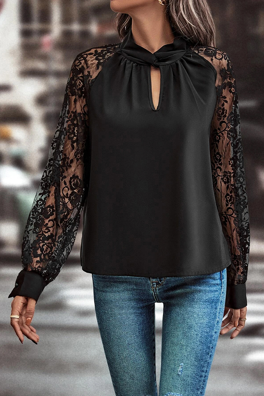 Black Keyhole Neckline Floral Lace Raglan Sleeve Blouse - Image 6