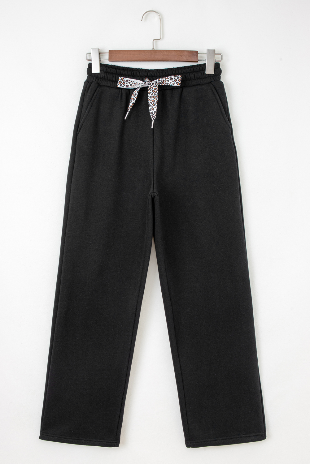 Black Fleece Lined Leopard Drawstring Elastic Waist Solid Pants - Image 3