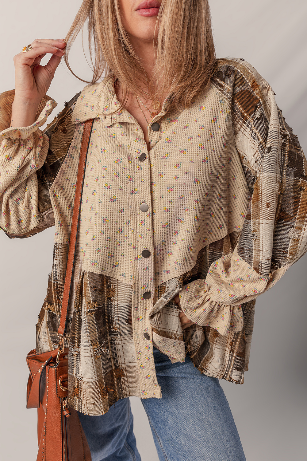 Oatmeal Boho Floral Plaid Patchwork Distressed Detail Ruffled Sleeve Waffle Knit Shacket - Image 4