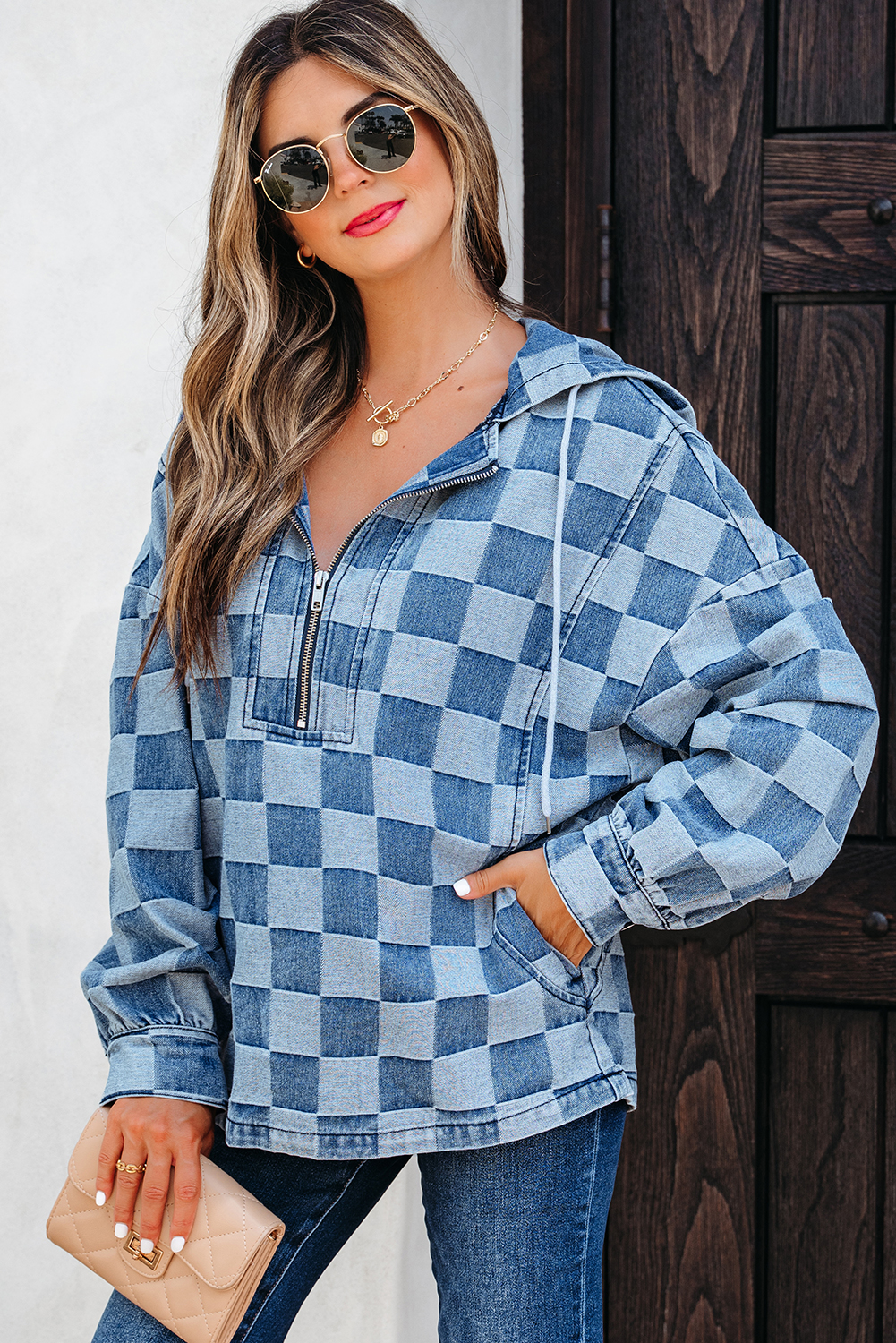 Sky Blue Checkerboard Zipped Neck Kangaroo Pocket Denim Hoodie - Image 4