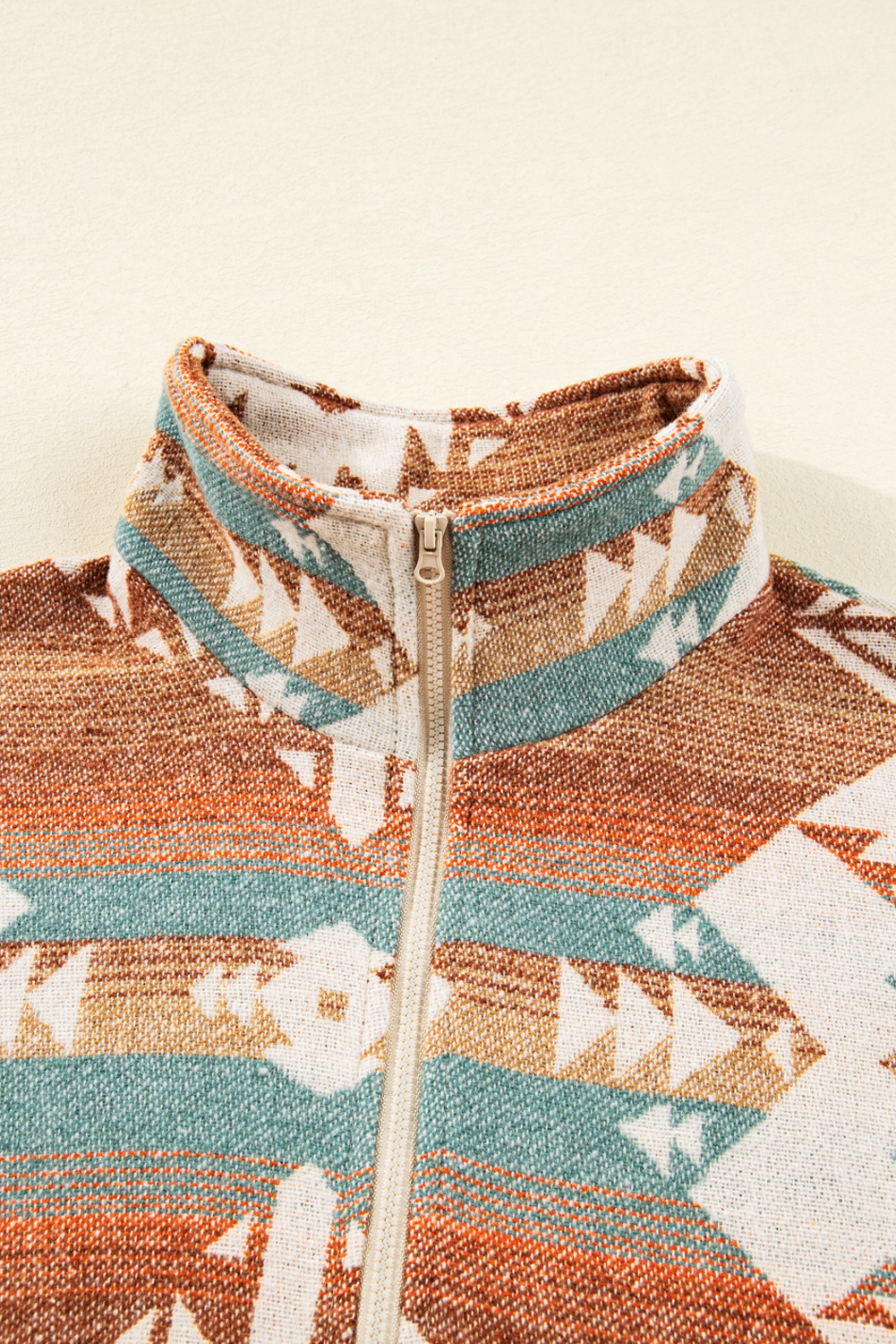 Khaki Quarter Zip Elastic Cuffs Aztec Sweatshirt - Image 6