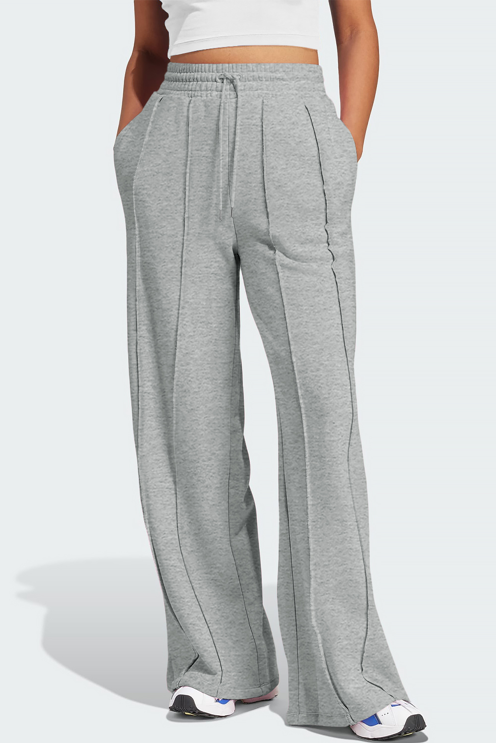 Gray Seamed Drawstring High Waist Wide Leg Sweatpants - Image 8