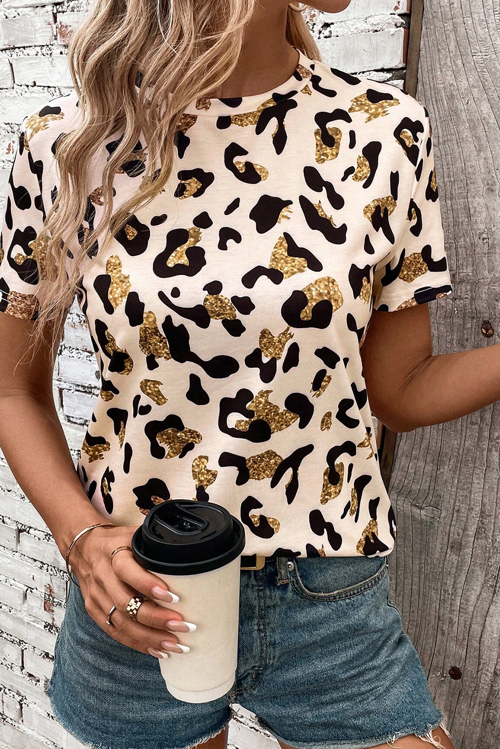 Apricot Leopard Print Round Neck Casual T Shirt - Image 4