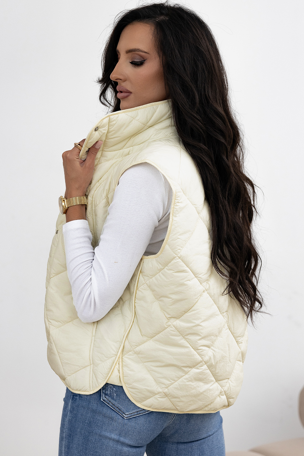 Beige Quilted High Neck Button Up Pocket Vest Coat - Image 2