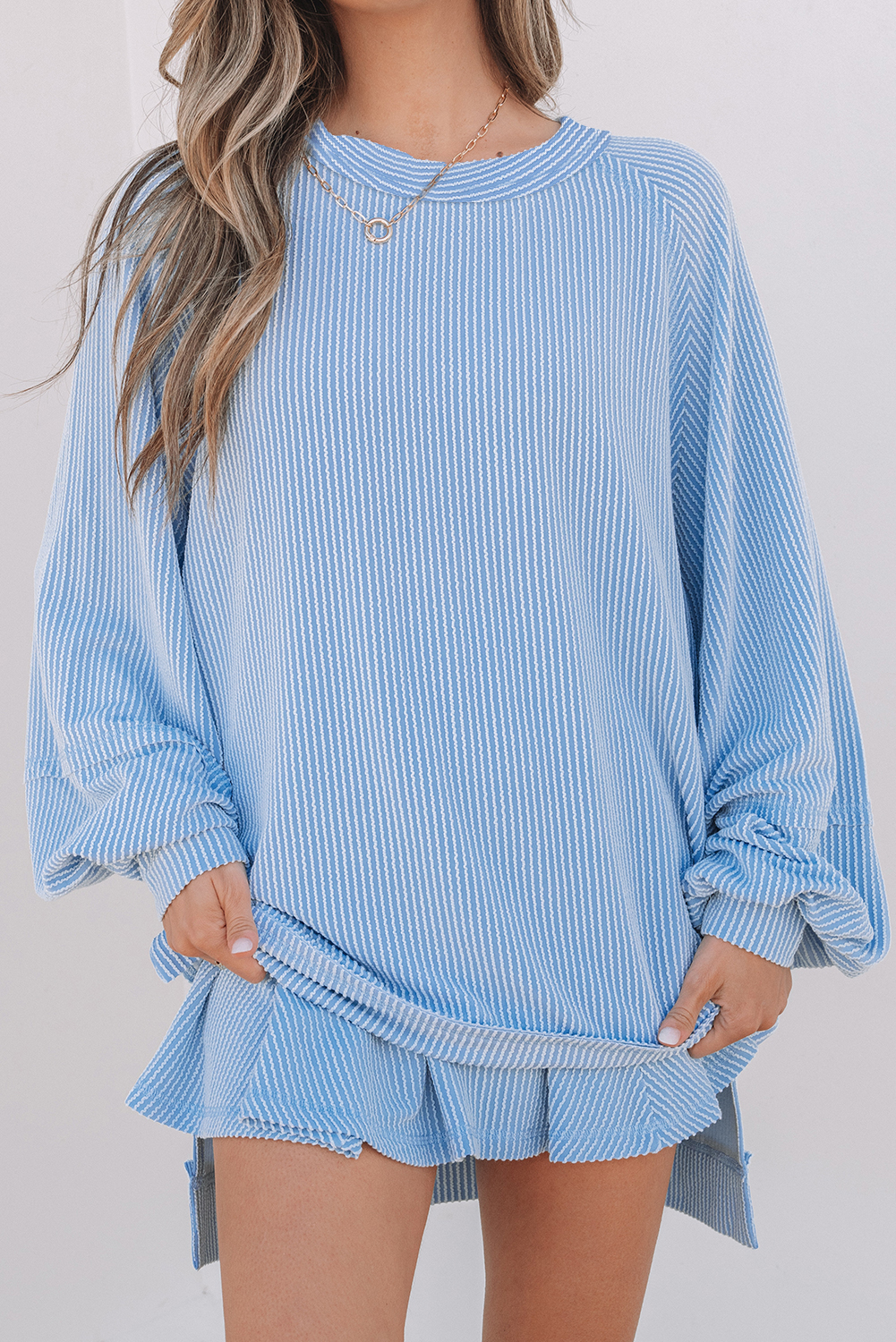 Sky Blue Corded Lantern Sleeve Top High Waist Ruffled Mini Skirt Set - Image 7