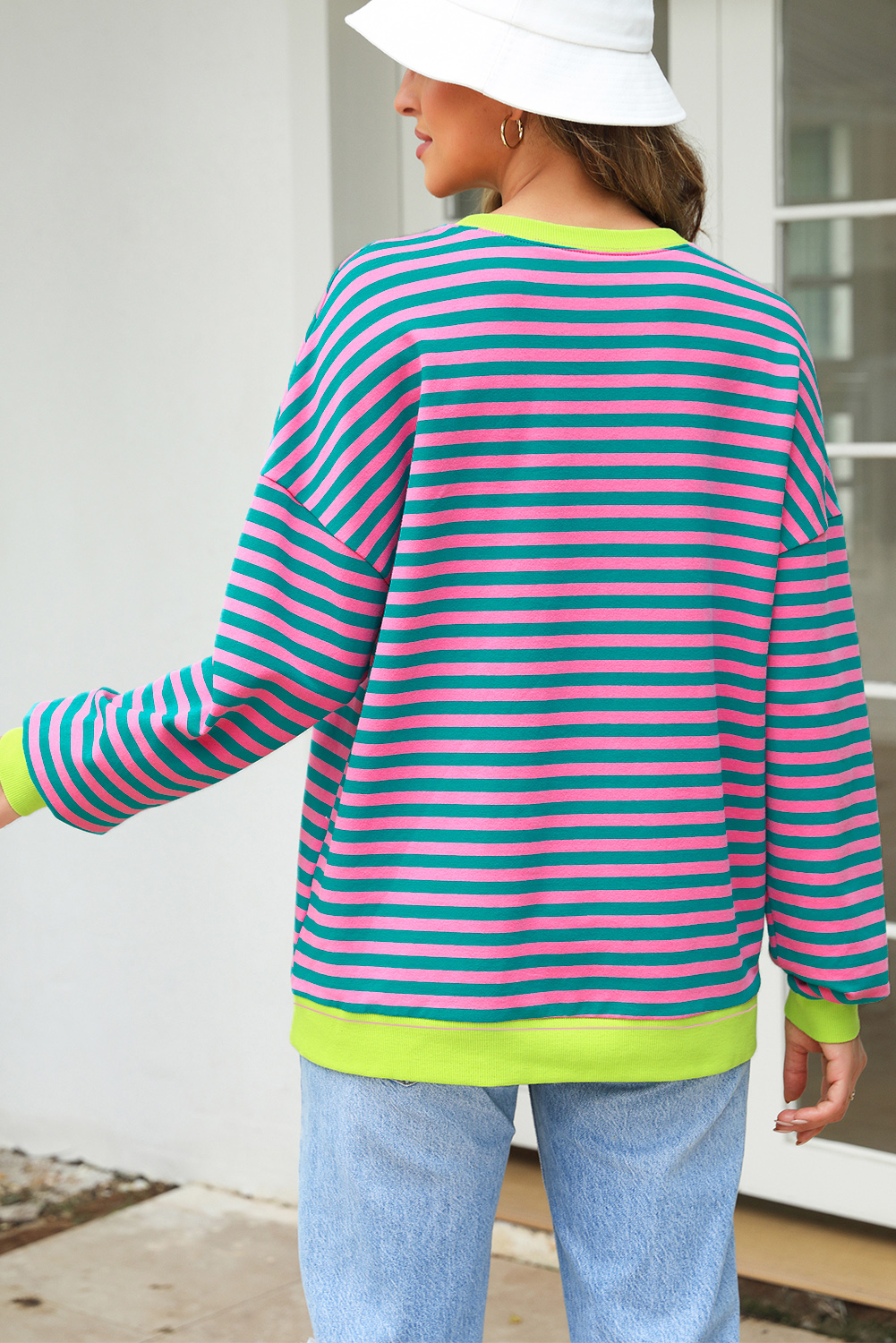 Rose Stripe Contrast Ribbed Trim Crossed Stitch Drop Shoulder Sweatshirt - Image 5