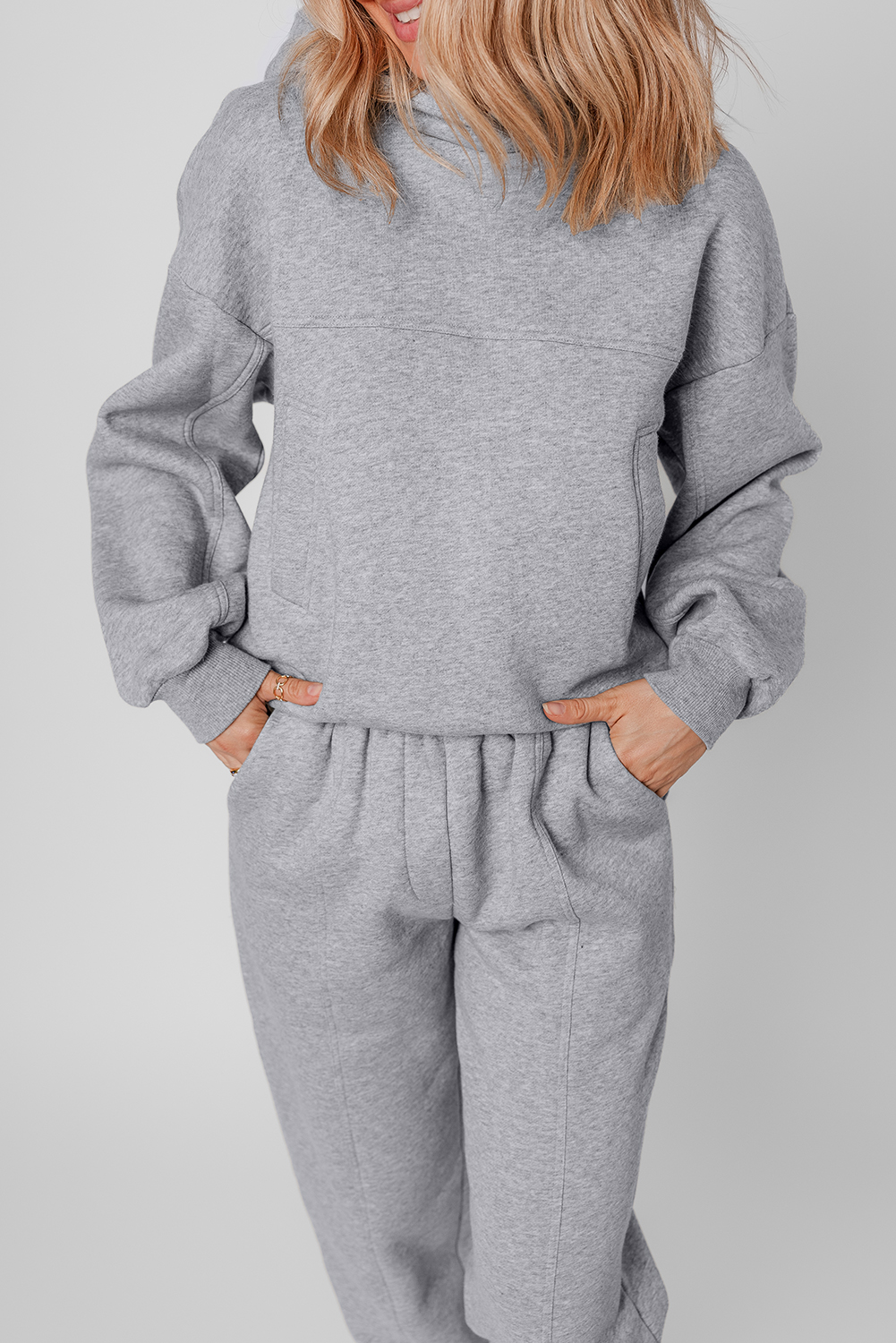 Gray Solid Exposed Seams Hoodie and Joggers Activewear Set - Image 3