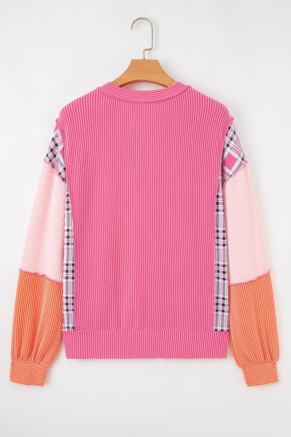 Rose Red Corded Texture Plaid Colorblock Patchwork Split Neck Long Sleeve Top - Image 8