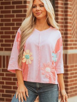 Pink Flower Patched Exposed Seam Bracelet Sleeve Oversized T Shirt
