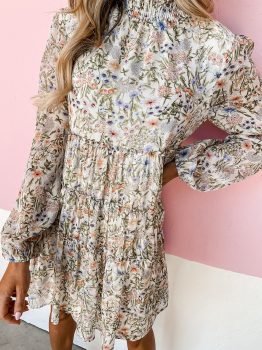 Green Floral Print Tiered Frilled Shirred Mock Neck Mini Dress