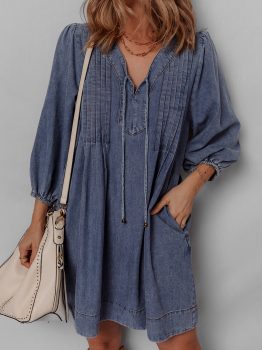 Sail Blue 3/4 Sleeve Tied V Neck Pleated Denim Mini Dress