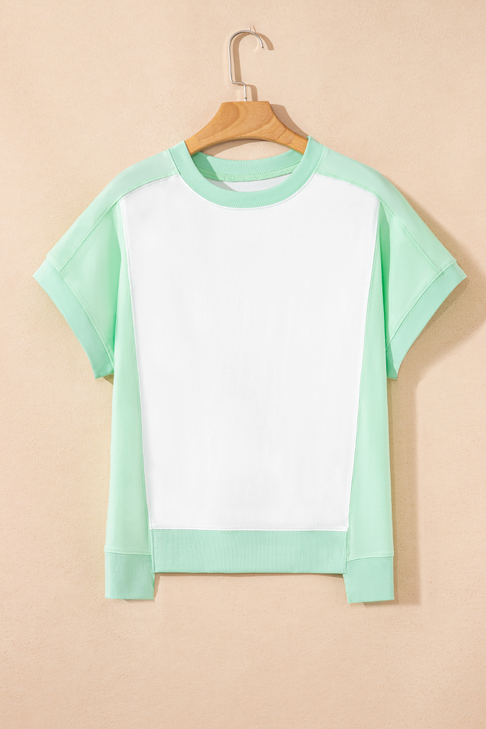 Light Green Color Block Exposed Seam Crew Neck T Shirt - Image 4
