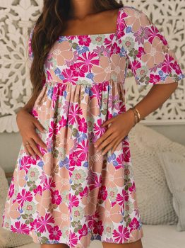 Rose Summer Floral Square Neck Puff Sleeve Babydoll Dress