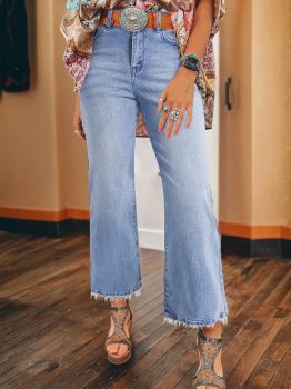Beau Blue Mineral Wash Raw Hem High Waist Flared Jeans