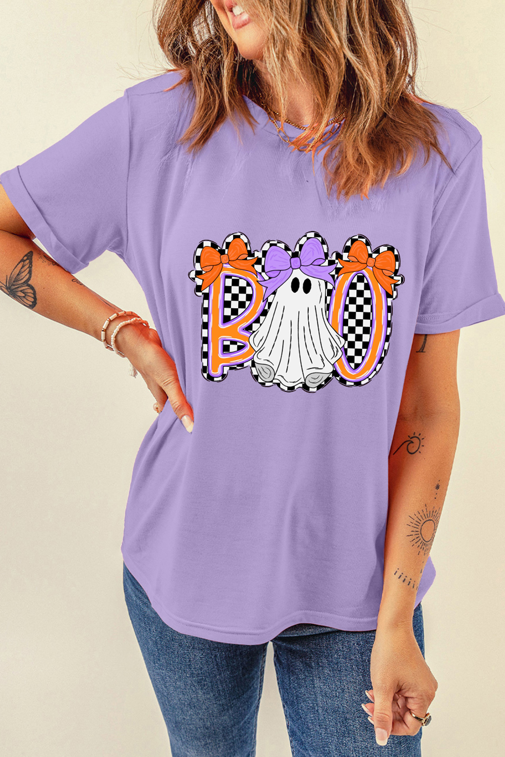 Wisteria Boo Checkered Bow Ghost Halloween Graphic Tee - Image 7